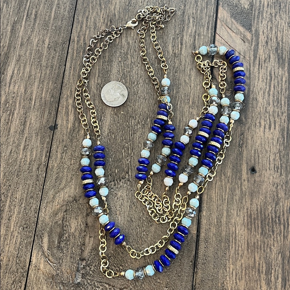 Gold Chain Multi-Strand Necklace with Blue Beads